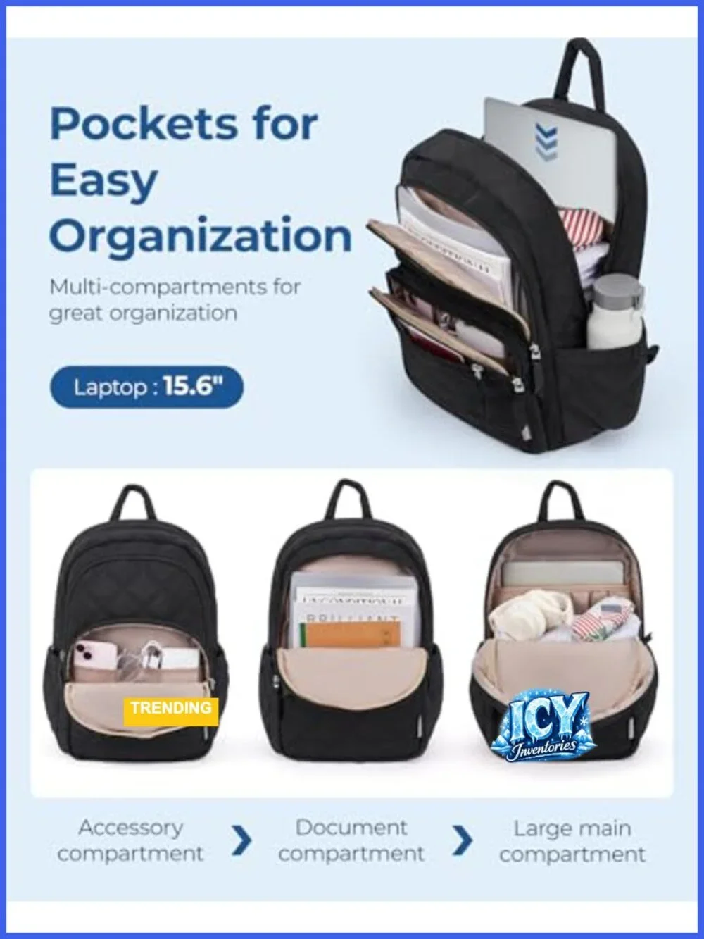 Quilted Laptop Backpack, Water-Resistant 15.6 Inch Computer Bookbag, Travel